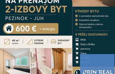 Na prenájom zariadený 2izbový byt Pezinok Juh