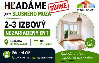 Súrne hľadáme 2-3 izbový byt na prenájom – BRATISLAVA III.